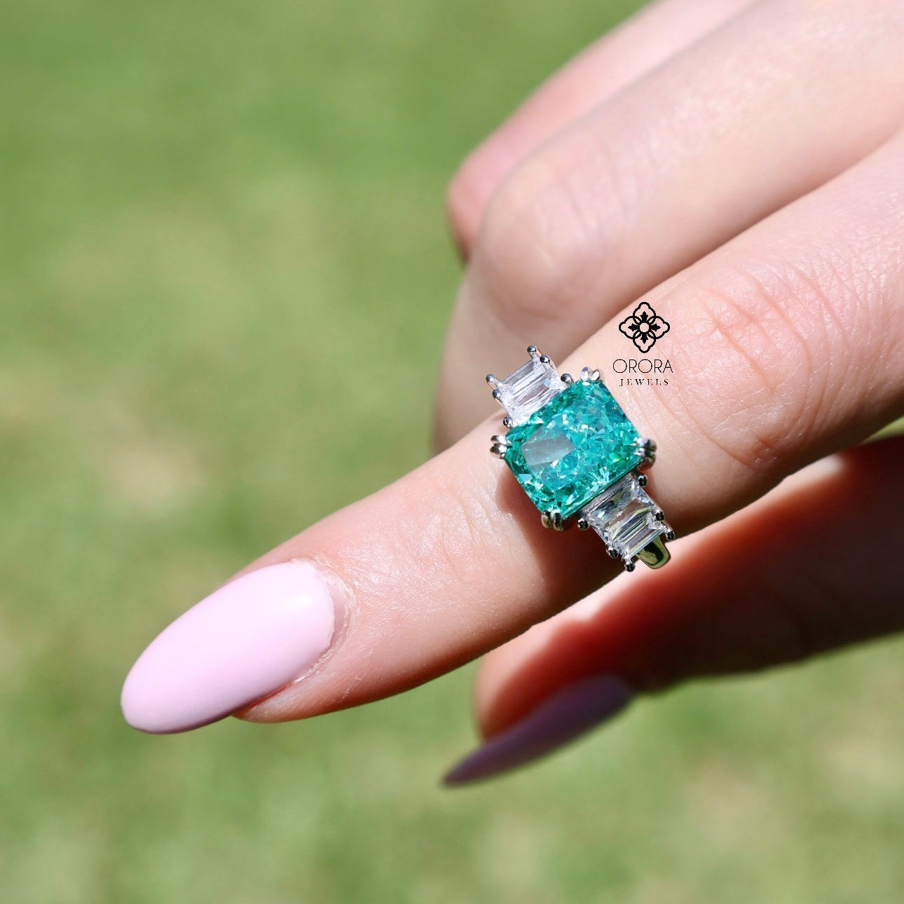 Aqua Baguette Sided Rectangular Ring