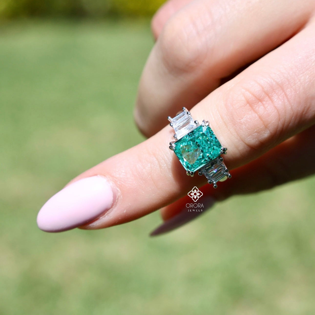 Aqua Baguette Sided Rectangular Ring